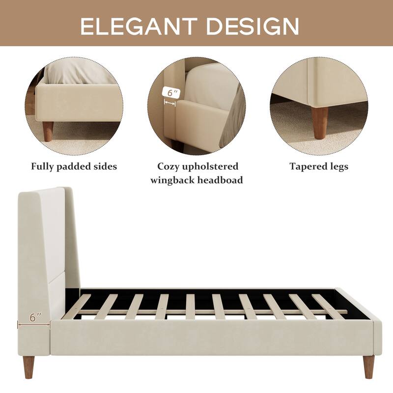 Modern Upholstered Platform Bed with Wingback Headboard