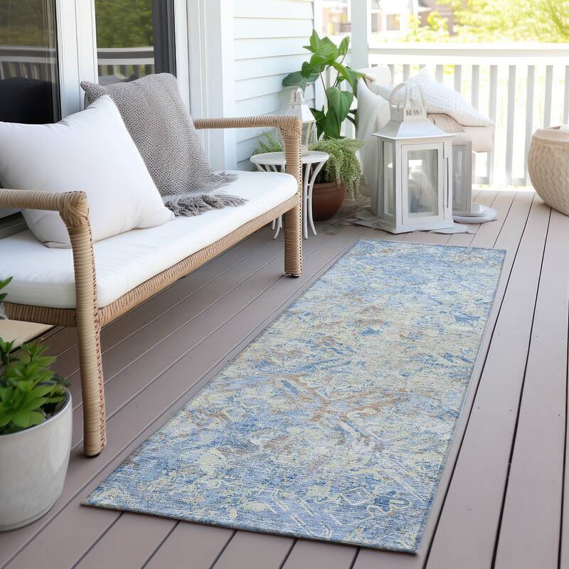 Machine Washable Indoor/ Outdoor Chantille Diamonds Distressed Rug - Sky - 2'3" x 7'6"