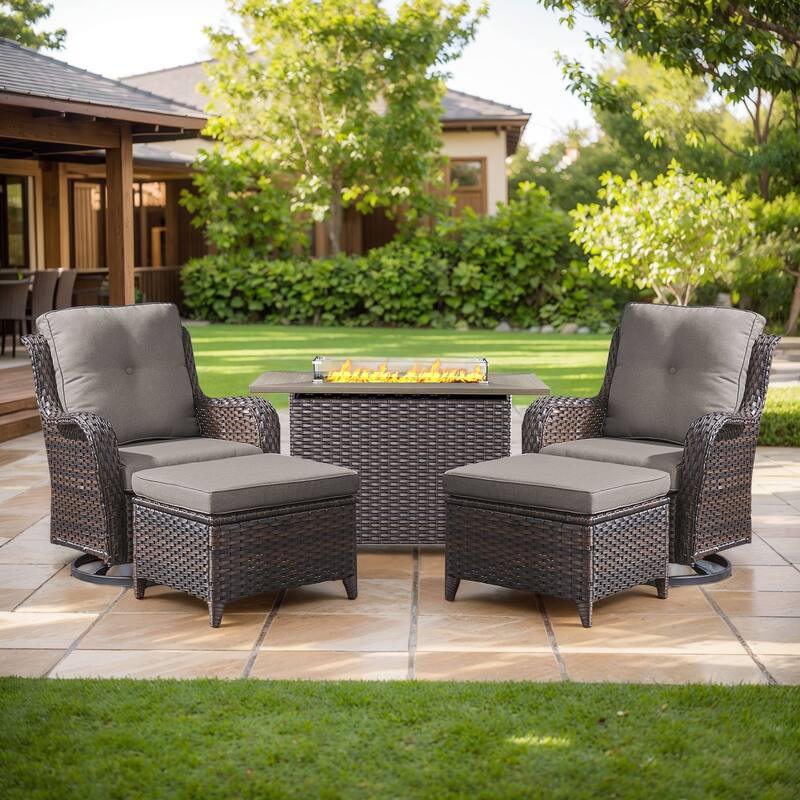 Fire Pit Table with Patio Glider Chairs Ottomans