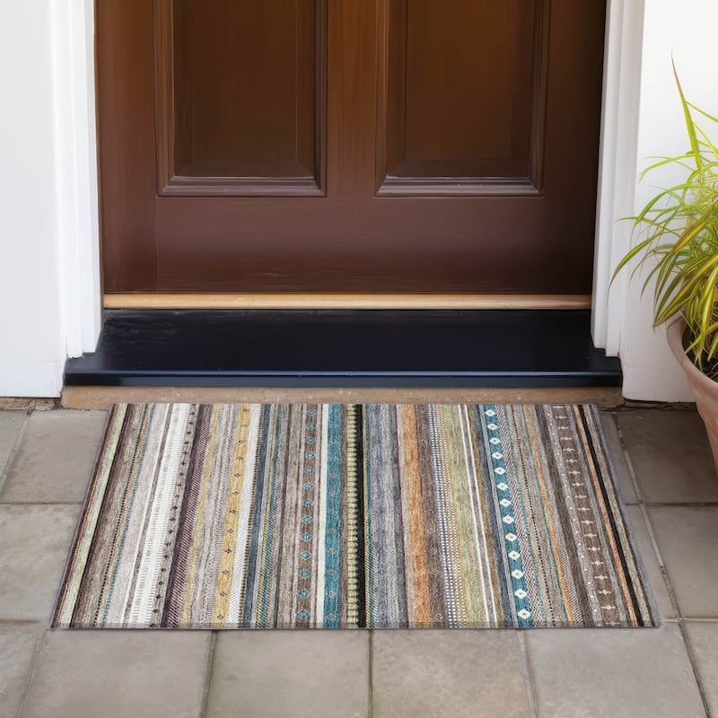 Machine Washable Indoor/Outdoor Boho Stripes Chantille Rug - Brown - 1'8" x 2'6"