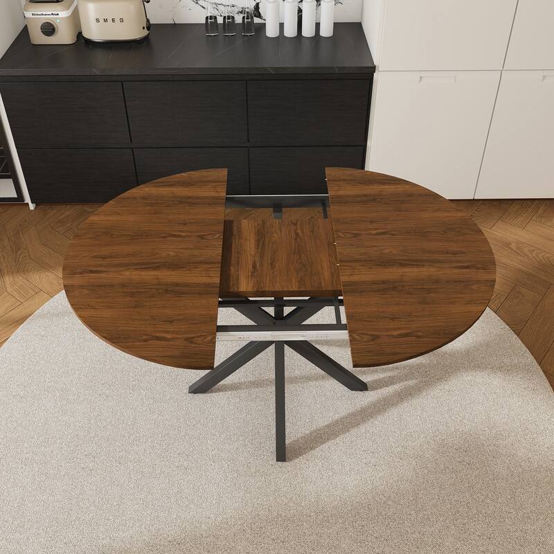 42" to 58" Extendable Round Dining Table, Modern Wood Veneer Top & Carbon Steel X-Base