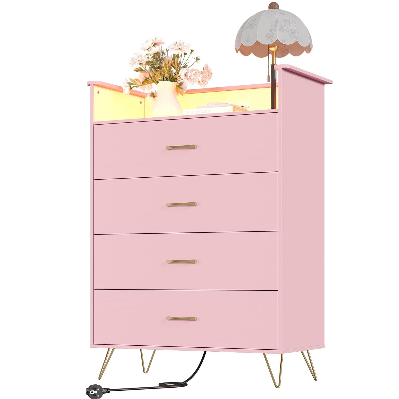 4 Drawer Dresser with Power Outlets & RGB LED Lights, Tall Modern Wood Storage Chest with App Control