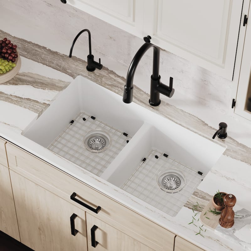 Karran 32" Undermount Double Equal Bowl Quartz Kitchen Sink Kit - 32" x 19.5" x 9"