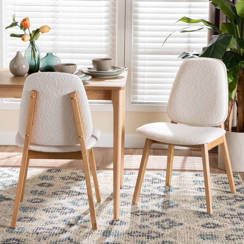 Hudson Boucle Upholstered Dining Chair - Mid-Century Modern Side Chair with Solid Wood Frame and Rounded Back, Natural and White