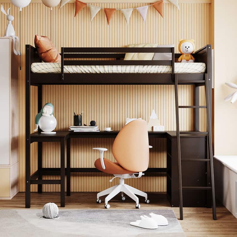 Solid Pinewood Twin Size Loft Bed with Full Length Guardrail, Wooden High Loftbed Frame with Storage Shelves and Built In Desk - Espresso - Twin