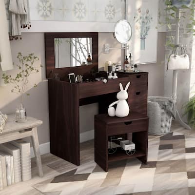 DH BASIC Modern Walnut 36" Storage Vanity and Stool Set by Denhour