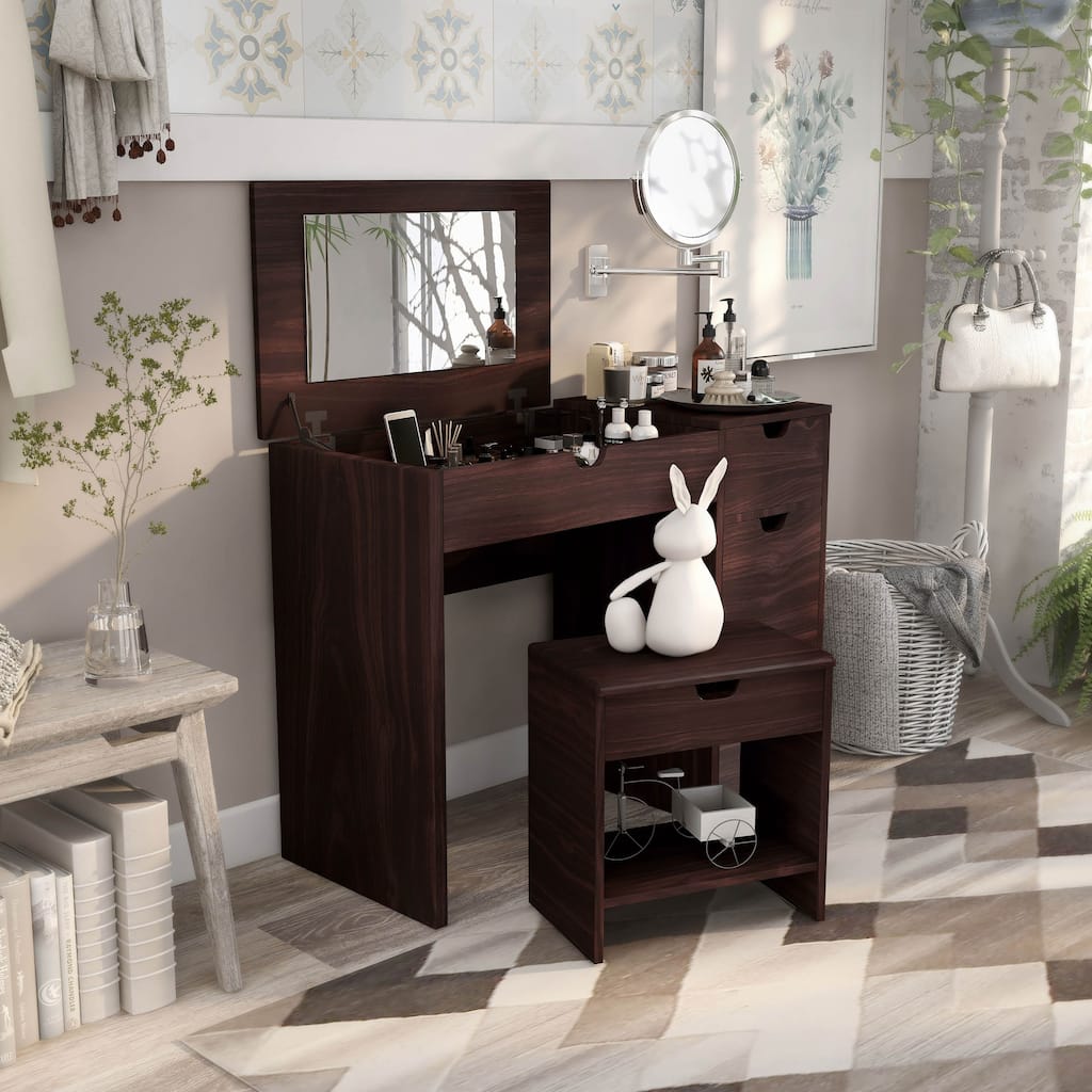 DH BASIC Modern Walnut 36" Storage Vanity and Stool Set by Denhour