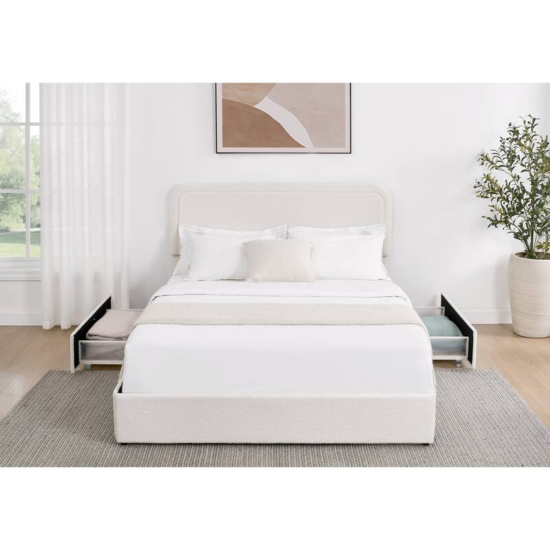 Queen Size Boucle Upholstered Platform Bed with 4-Drawer Storage and Tufted Headboard