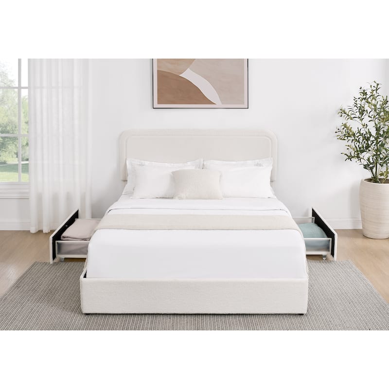 Queen Size Ivory Boucle Upholstered Platform Bed with 2 Built-in Dust-Proof Drawers and Tufted Headboard