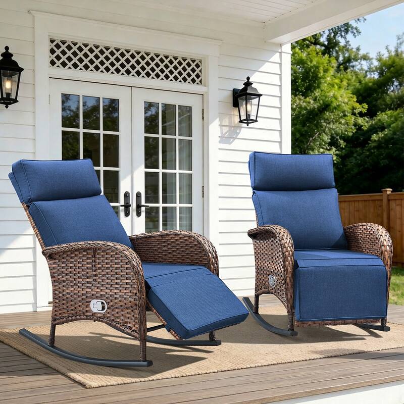 Pocassy Outdoor Patio Rocking Lounge Chairs with Adjustable Backrest Set. - Brown Wicker with Blue Cushion - 2 Piece Rocker Recliner Chair