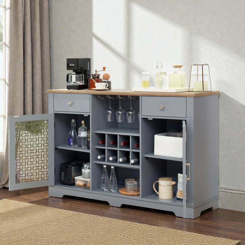 Modern Farmhouse Buffet Cabinet with Glass Doors, 2 Drawers, Wine Rack and Coffee Bar Storage, Light Blue and Light Oak