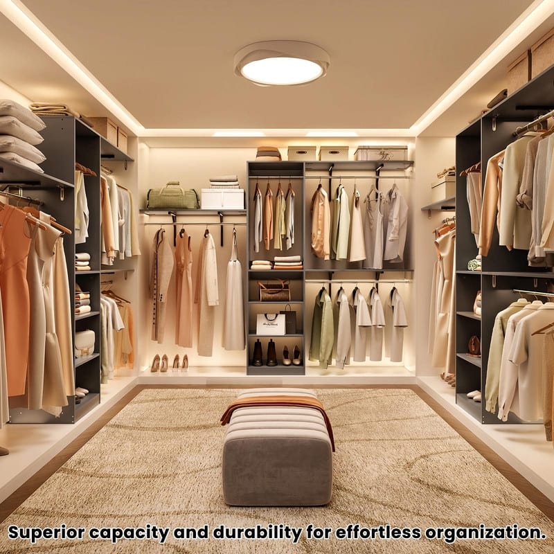 Heavy-Duty Wood Walk-In Closet Organizer - Adjustable Wardrobe System with 4 Hanging Rods & 5 Shelves for 8 ft Spaces