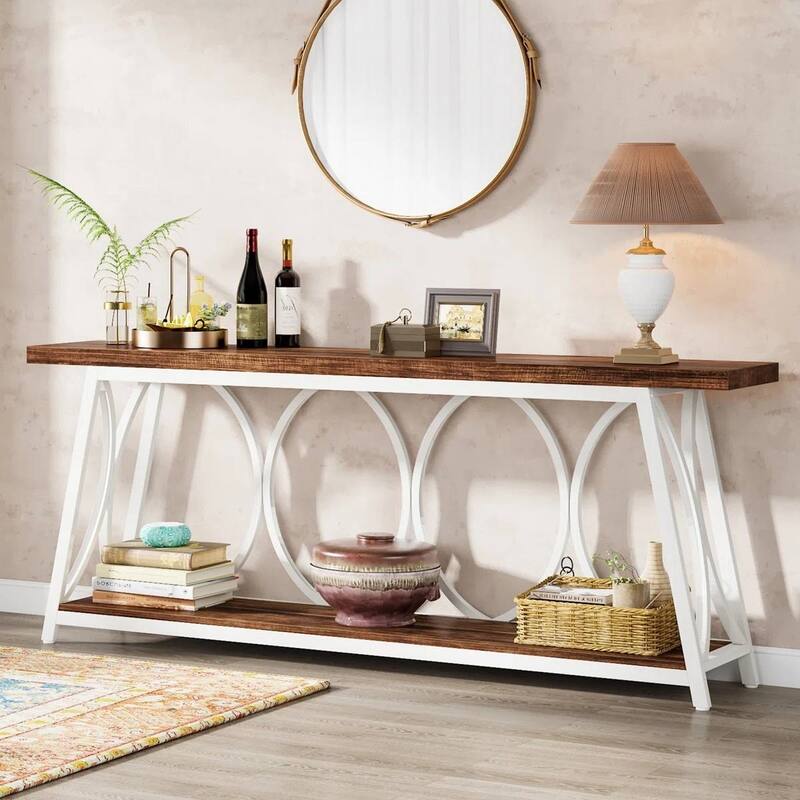 Wood Top Particleboard Steel Console Table with Shelf - 70.87” L x 31.50” H x 11.81” D