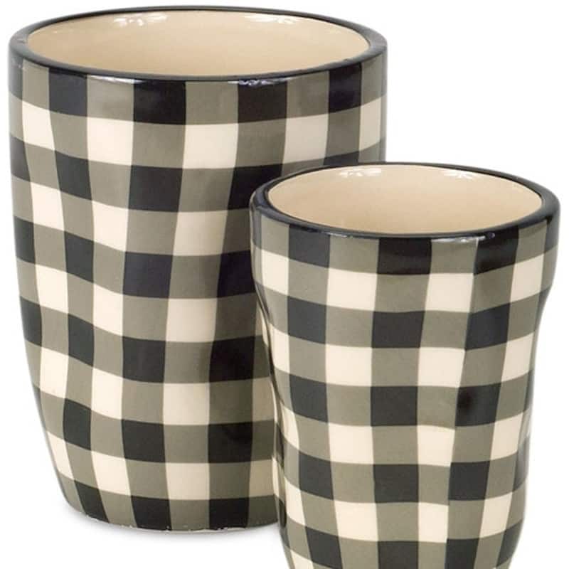 HomeRoots Set of Six Black And Ivory Ceramic 2 Ounce Geometric Round Pot Planters - 3.75 in. x 5.00 in. x 3.75 in.