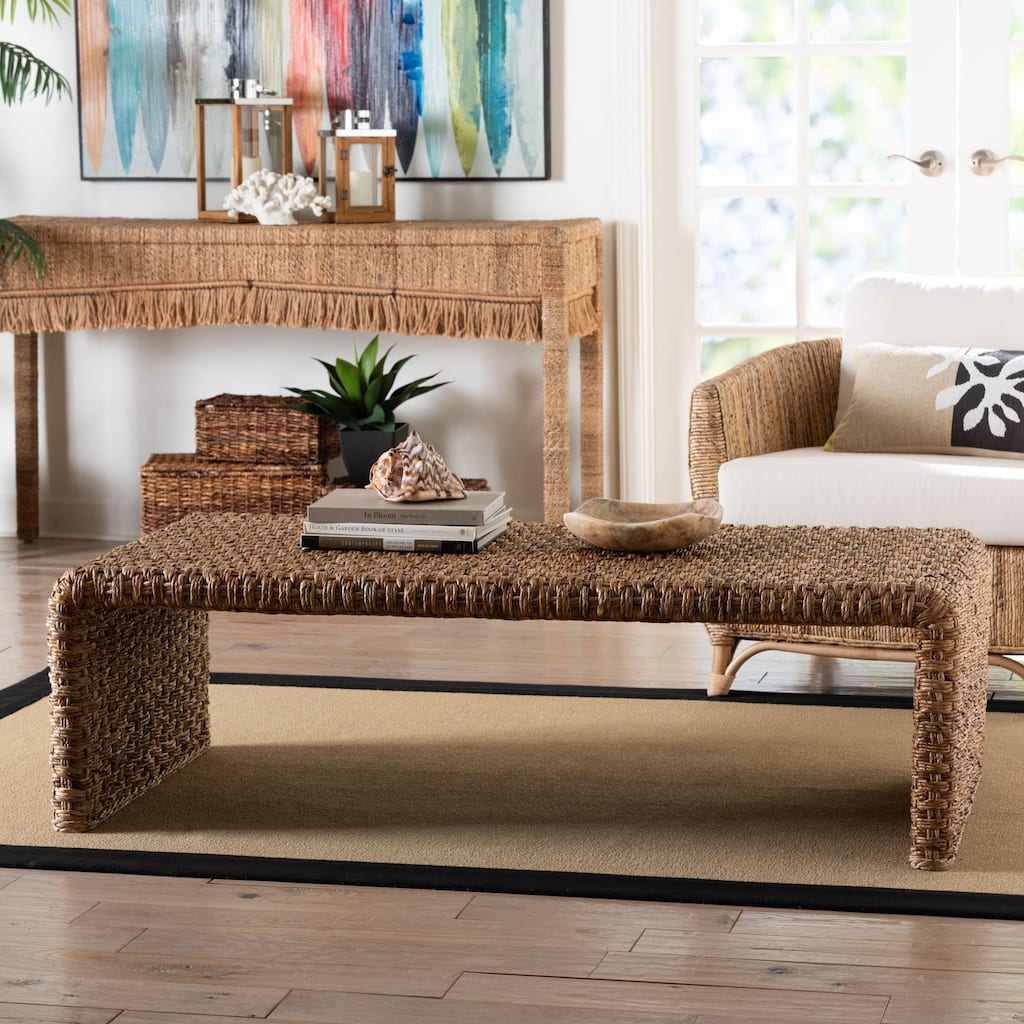 Alda Handwoven Seagrass Coffee Table - Rustic Wicker Waterfall Accent Table for Living Room or Sunroom