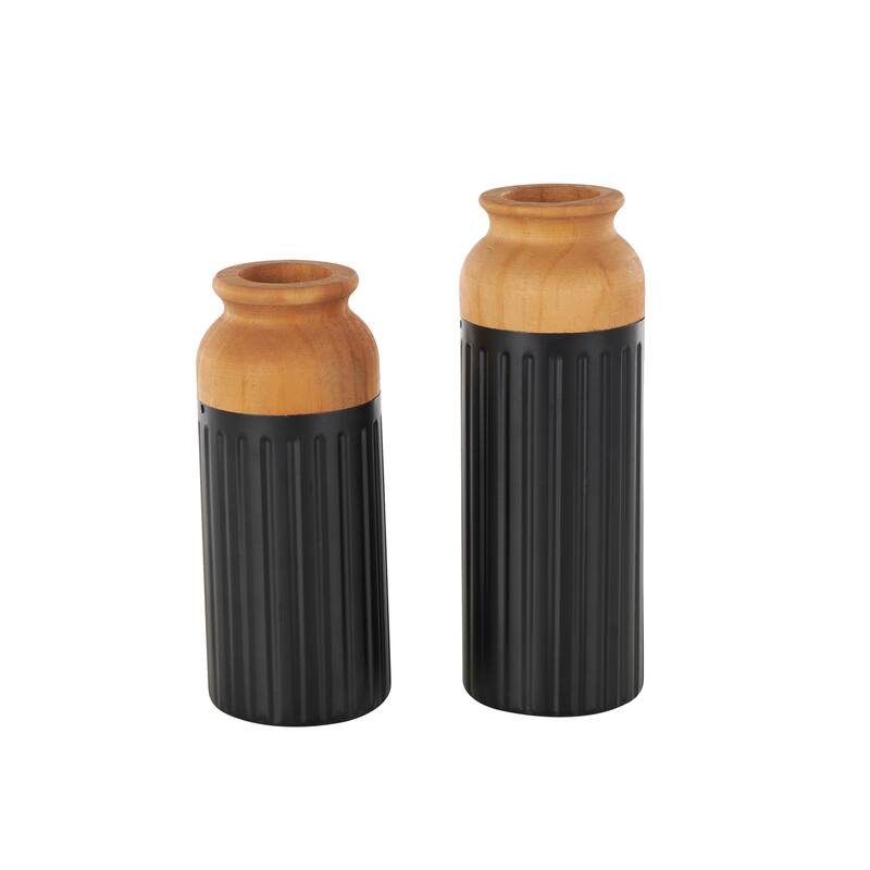 Metal Color Block Decorative Vase with Rounded Linear Grooves and Brown Wood Tops - Set of 2 Black - Roche River Decor