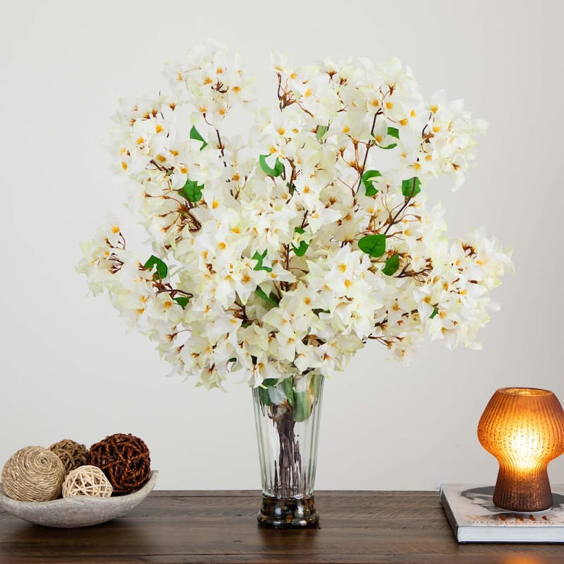Bougainvillea Artificial Floral Arrangement with Glass Vase - 30" - White