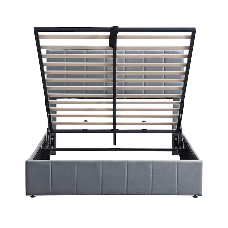Linen Upholstered Bed Low Profile Platform Bed Storage Bedframe with Hydraulic Storage System, Headboard and Slats Support