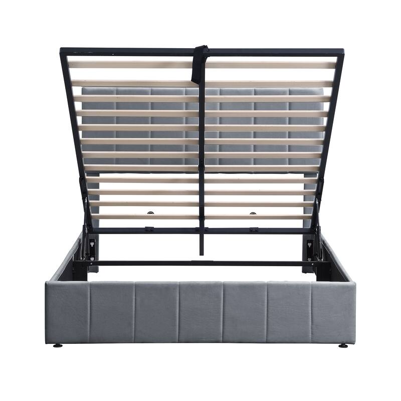 Roomfitters Upholstered Platform Bed with Hydraulic Lift Storage, Modern Linen Fabric Bed Frame, Grey
