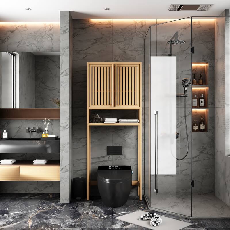 Bamboo Over The Toilet Storage Cabinet with Shelf and Double Doors