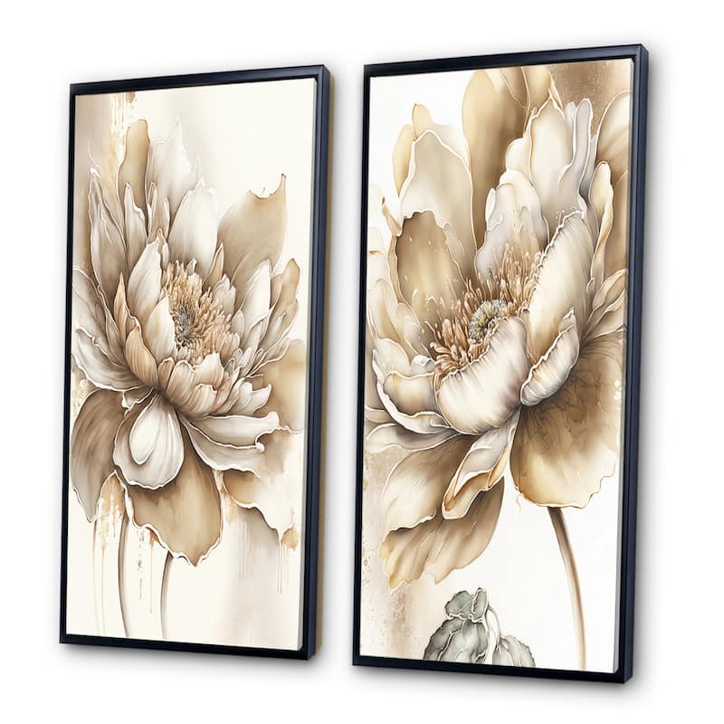 Designart "Indigold Beige Flower III" Floral Framed Wall Art Set Of 2 - Beige Gallery Wall Set For Home Decor