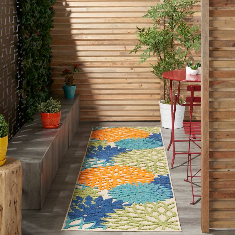 Nourison Aloha Floral Modern Indoor/Outdoor Area Rug - 2'3" x 8' Runner - Green/Blue
