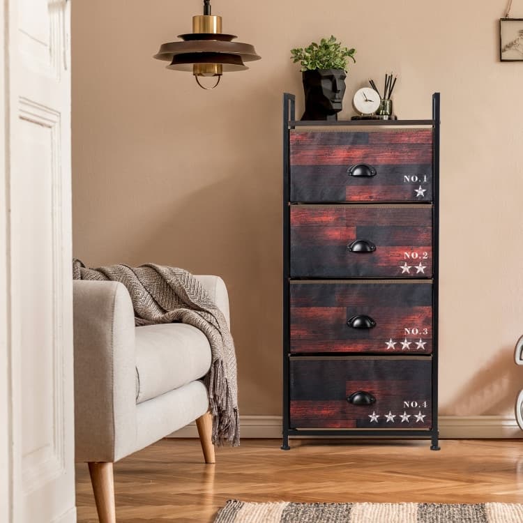 Dark Brown Fabric 4-Drawer Storage Tower with Metal Frame MDF Top and Adjustable Feet for Bedroom Closet or Office