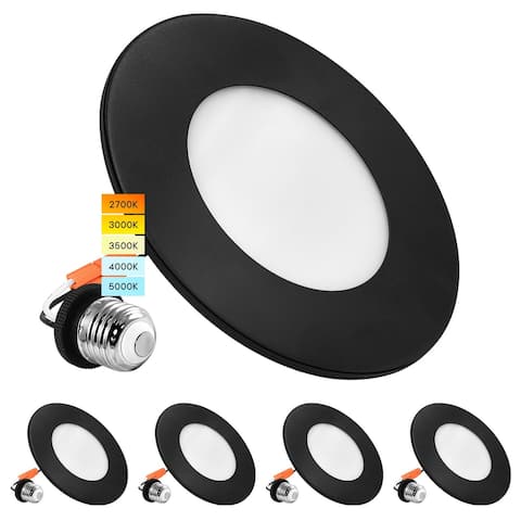 Luxrite 4" LED Recessed Light, 5 Color Selectable, Magnetic Trim, Dimmable, 500 LM, Wet Rated - Black 4 Pack