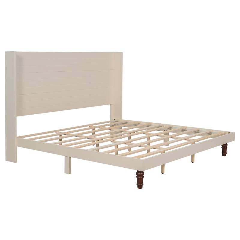 Low Profile Platform Bed High Headboard Wingback Bed with Wood Support