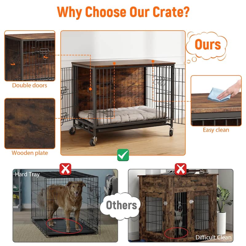 Dog Crate Furniture with Wheels, Indoor Kennel Table for Medium Dogs