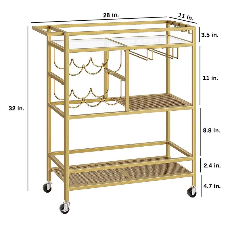 3-Tier Serving Cart with Wheels, Handle, Wine Rack, and Glass Holders