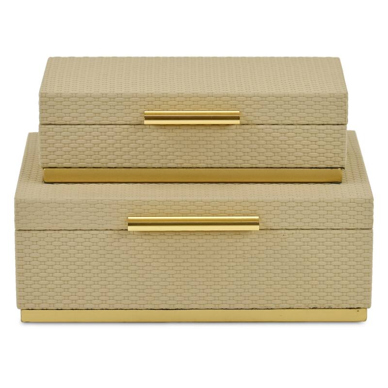 Tamsin Set of 2 Rectangular Decorative Storage Boxes - Wicker Weave Pattern with Gold Hardware