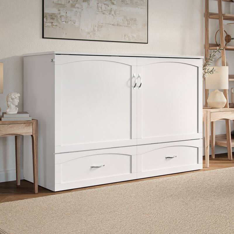 Marion Queen Murphy Bed Chest with 6" Mattress, Storage Drawer & Built-In Charger - White