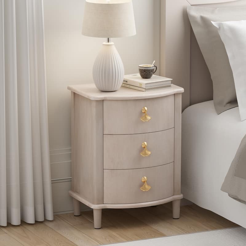 COZAYH Elegant 3-Drawer Nightstand with Gold Leaf Handles, Vintage Curved Front Design, Distressed Finish
