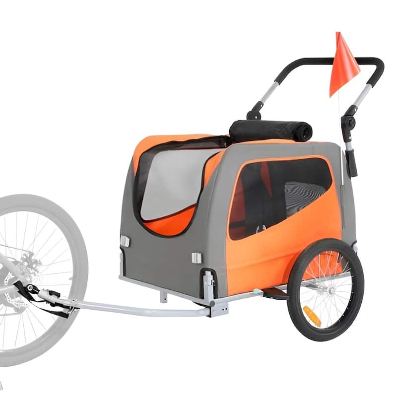 Orange-Grey Steel Pet Stroller Trailer, 2-in-1, Foldable, 66lb Max Capacity - 30.1" L x 21" W x 20.8" H