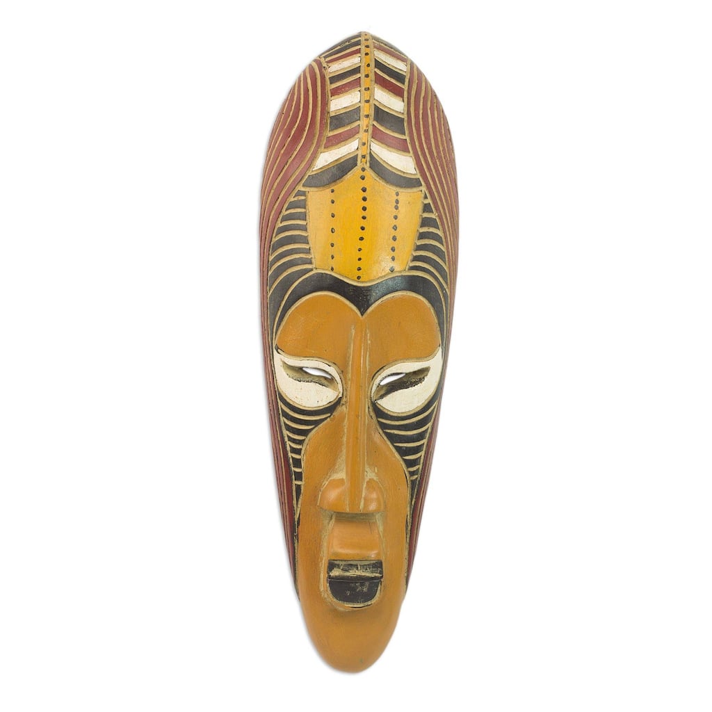 Handmade Yellow Akoni African Wood Mask (Ghana) - 19" H x 6" W x 2.8" D