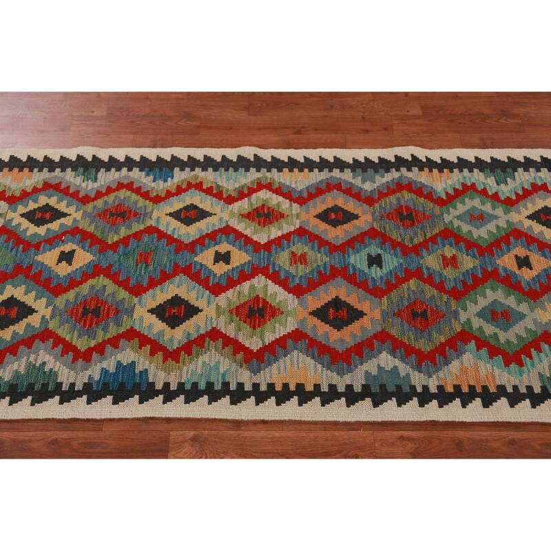 Hand Woven Oriental 100% Wool Carpet Southwestern All-Over Multi-Colored Kilim Runner Rug - 12' 7'' X 2' 8''