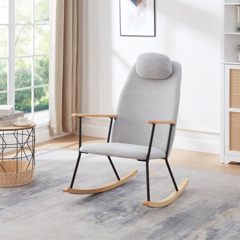 Modern Adjustable Headrest Pillow Upholstered High Back Rocking Chair - Light Grey