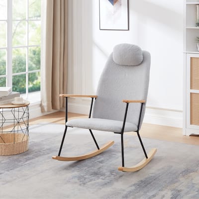 Teddy Fabric Upholstered Glider Rocker, Lounge Chair with Adjustable Headrest Pillow, Side Chair with High Backrest
