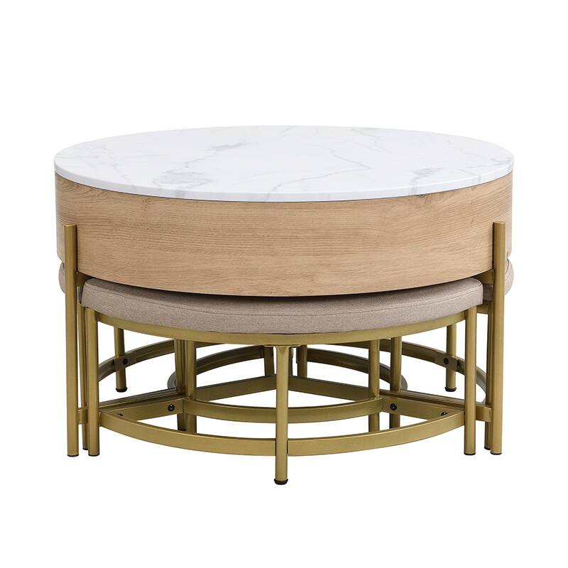 Modern Round Coffee Table Set with Lift-Top, Dining Table Set with Hidden Storage and 3 Ottomans