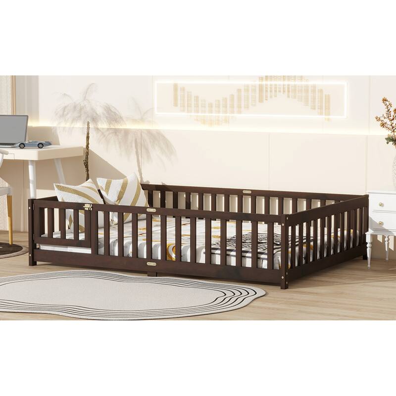Roomfitters Twin/Full/Queen Rubber Wood Floor Bed with Fence and Swing Door, Safety Guardrails, Low Profile Design