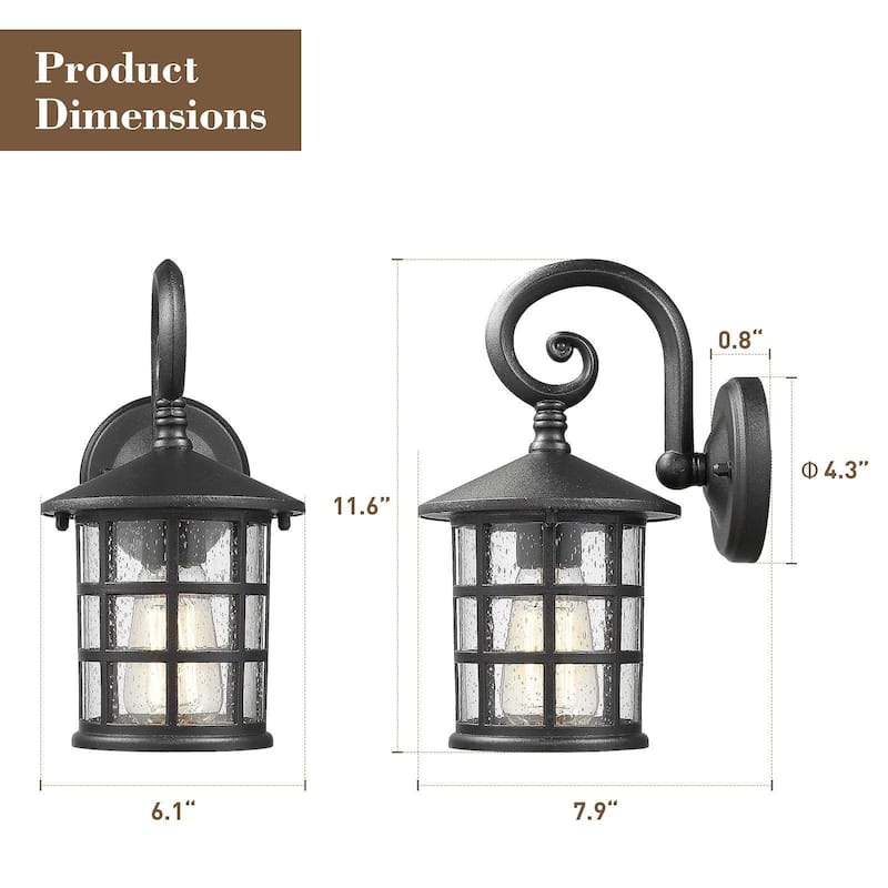 1-Light Black Glass Outdoor Wall Lantern Light - 6.1" x 7.9" x 11.6"