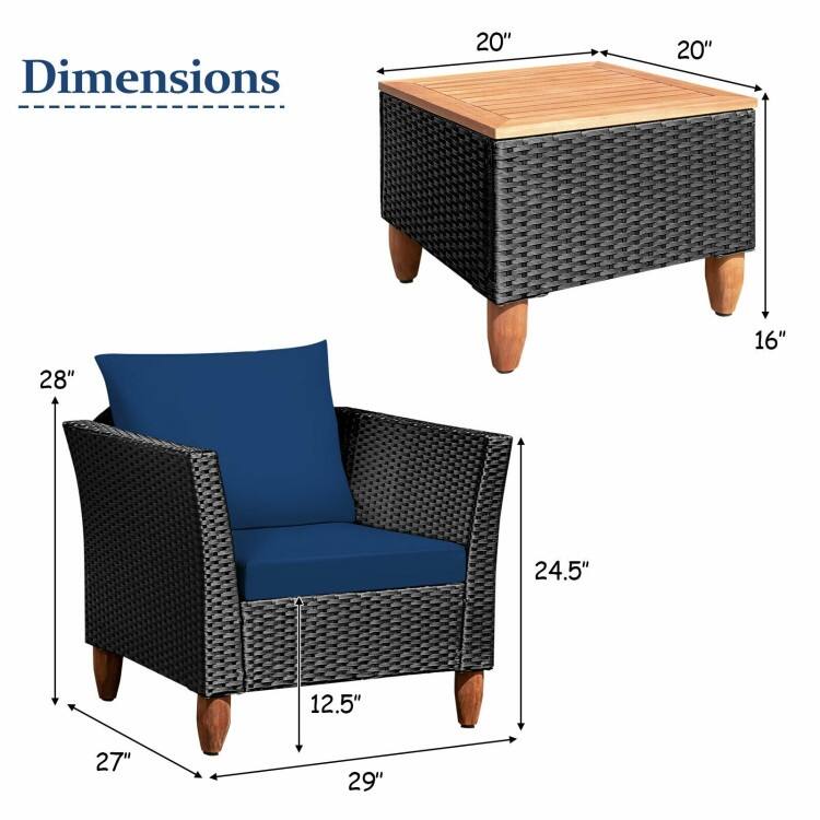 3 Pieces Patio wicker Furniture Set with Cushion - 28.5" x 27.5" x 27" (L x W x H)