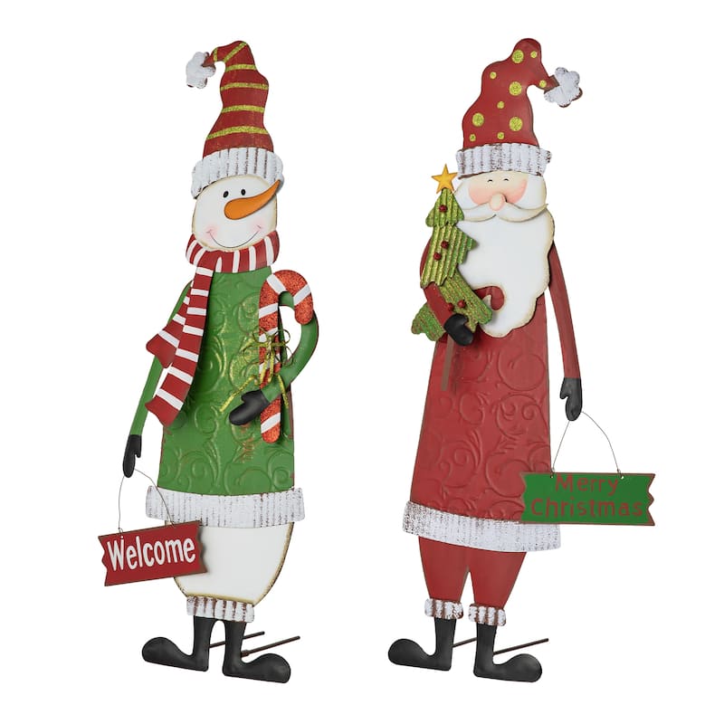 Glitzhome Set of 2 36"H Christmas Metal Snowman Santa or Dancing Elf Yard Stake Standing Hanging Decor