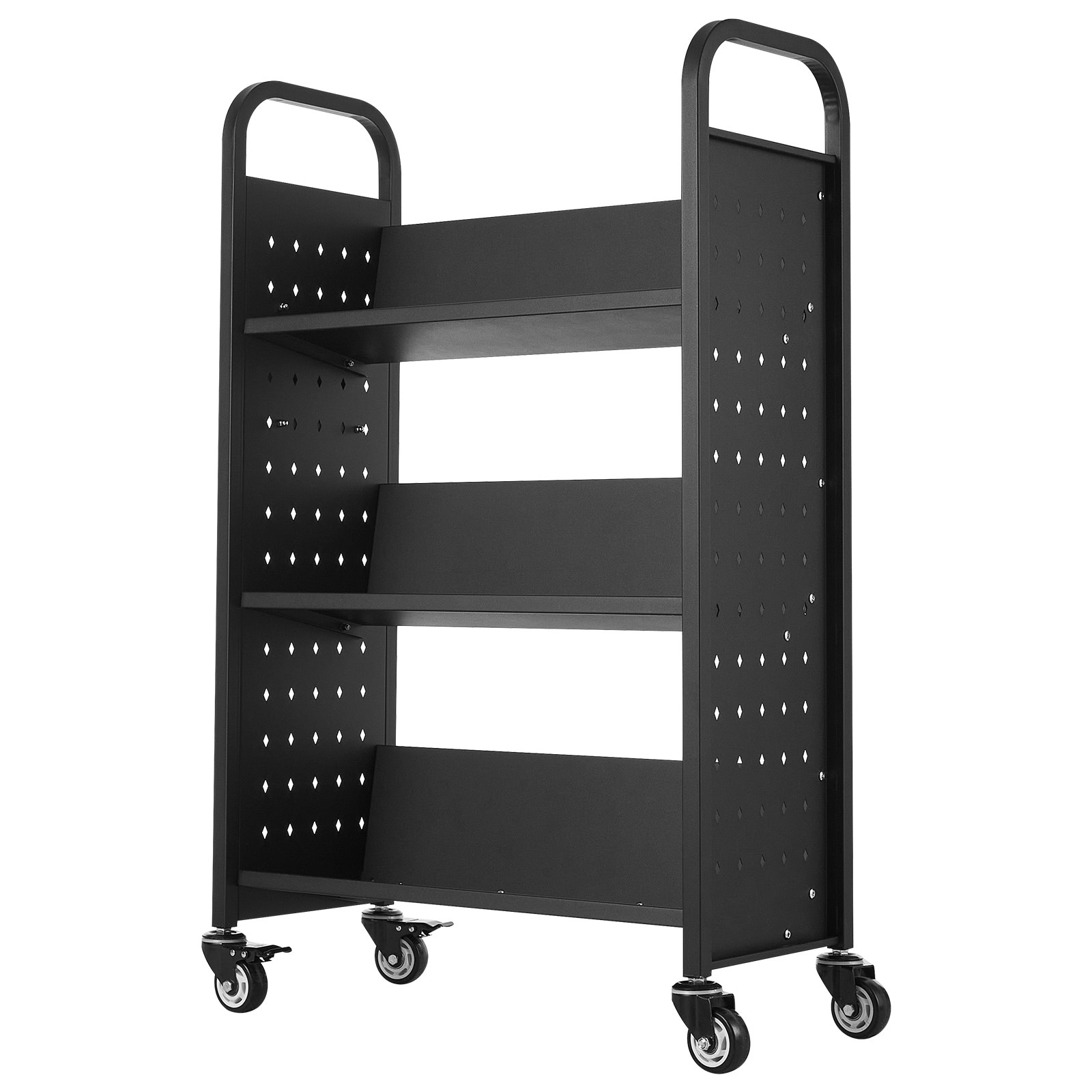 Three Tier Rolling Book Cart Single Sided V Shaped Shelves Book Truck