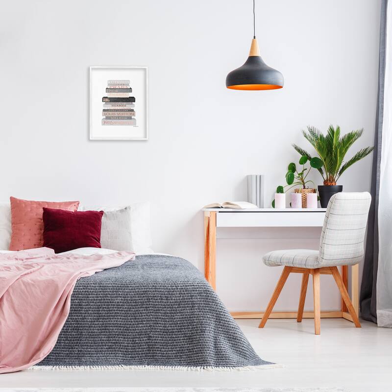 Neutral Grey and Rose Gold Fashion Bookstack Framed Wall Art