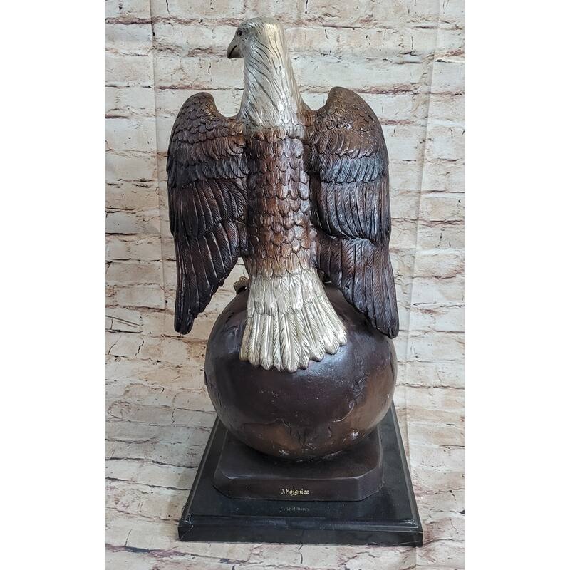 American Bald Eagle Perched On Globe Planet Earth Bronze Statue Sculpture Art