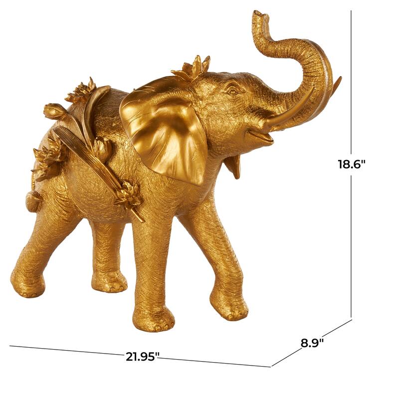 Gold Resin Walking Elephant Decorative Sculpture with Floral Accents