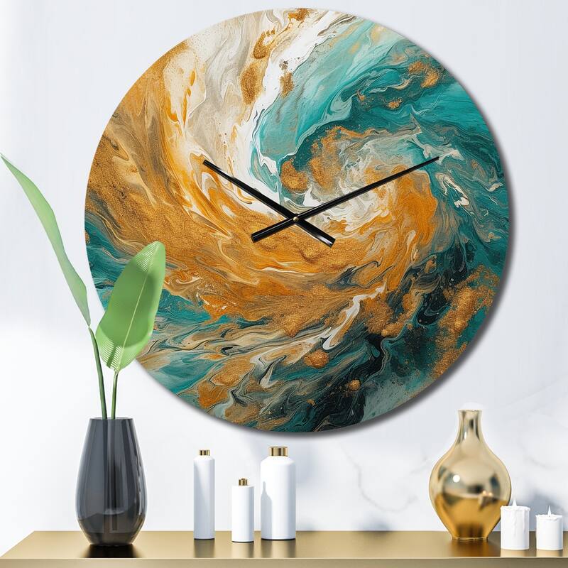 Designart "Golden Ocean Spiral Waves Painting I" Abstract Spirals Oversized Wall Clock - 23 In. Wide x 23 In. High