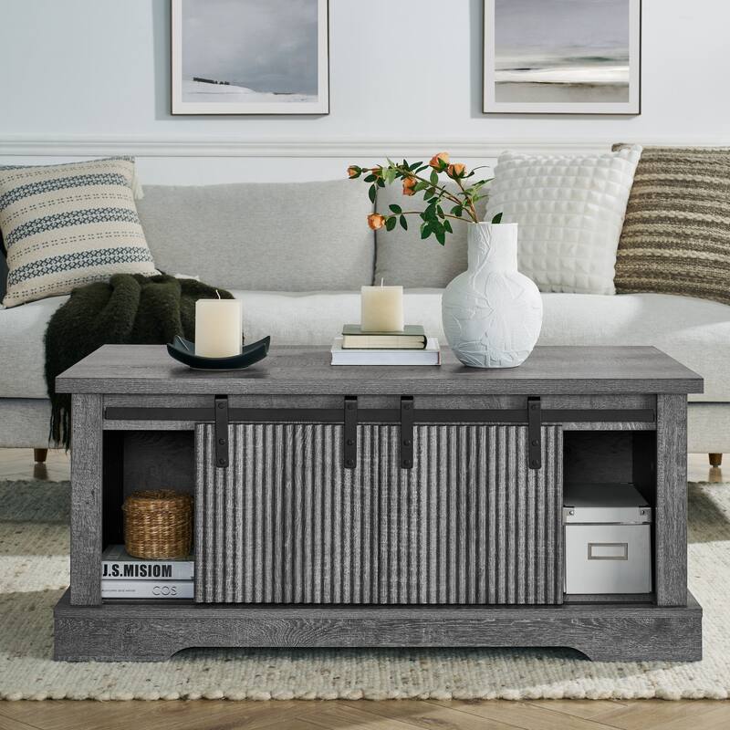 41.3 Inch Coffee Table with Storage and Sliding Wood Door, Farmhouse and Industrial Cocktail Table with Adjustable Shelv